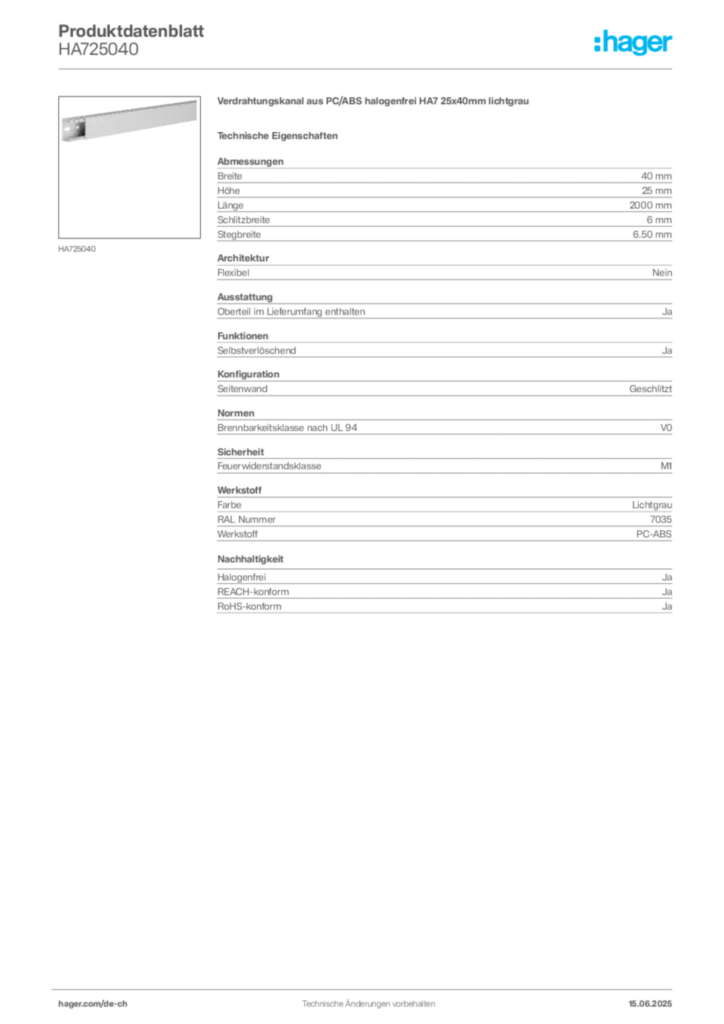Bild Hager Produktdatenblatt HA725040 | Hager Schweiz