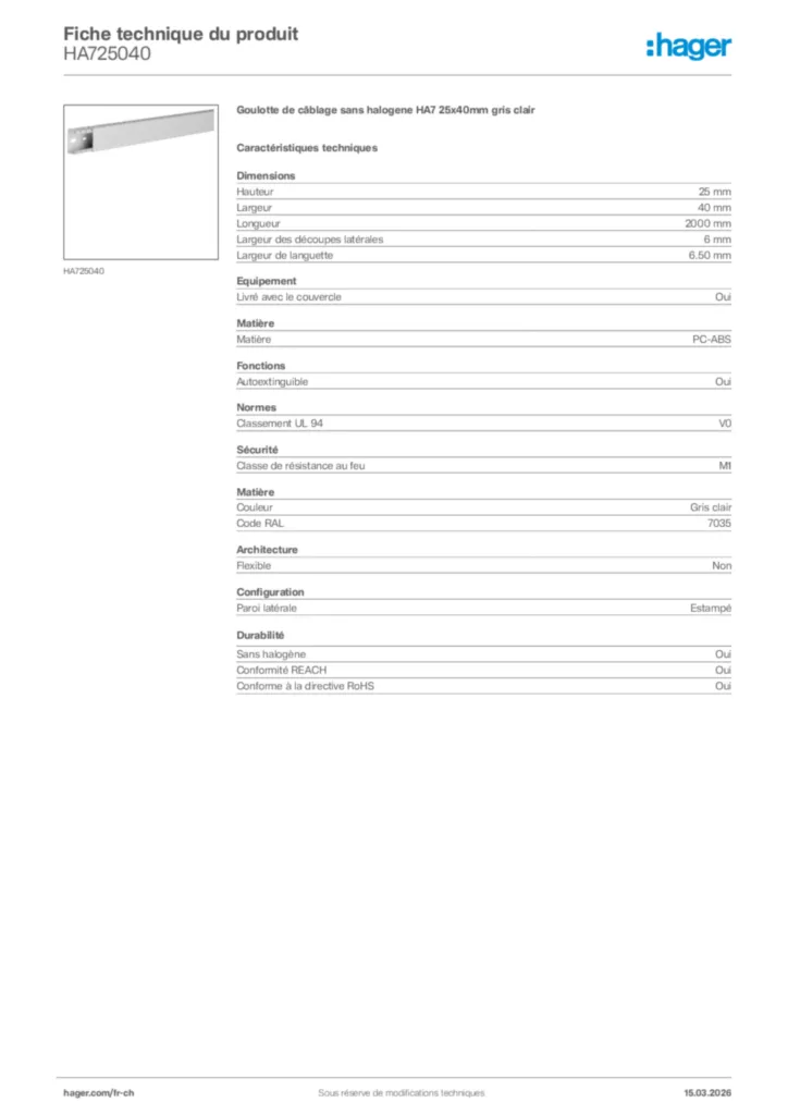 Image Hager Fiche technique du produit HA725040 | Hager Suisse