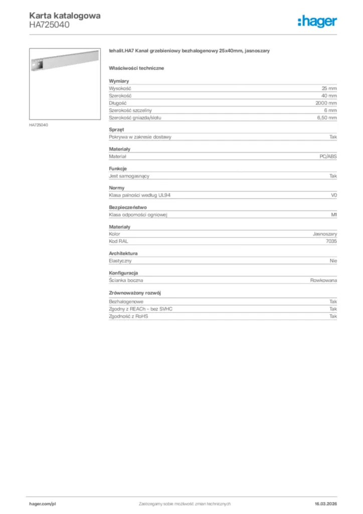 Zdjęcie Hager Karta katalogowa HA725040 | Hager Polska