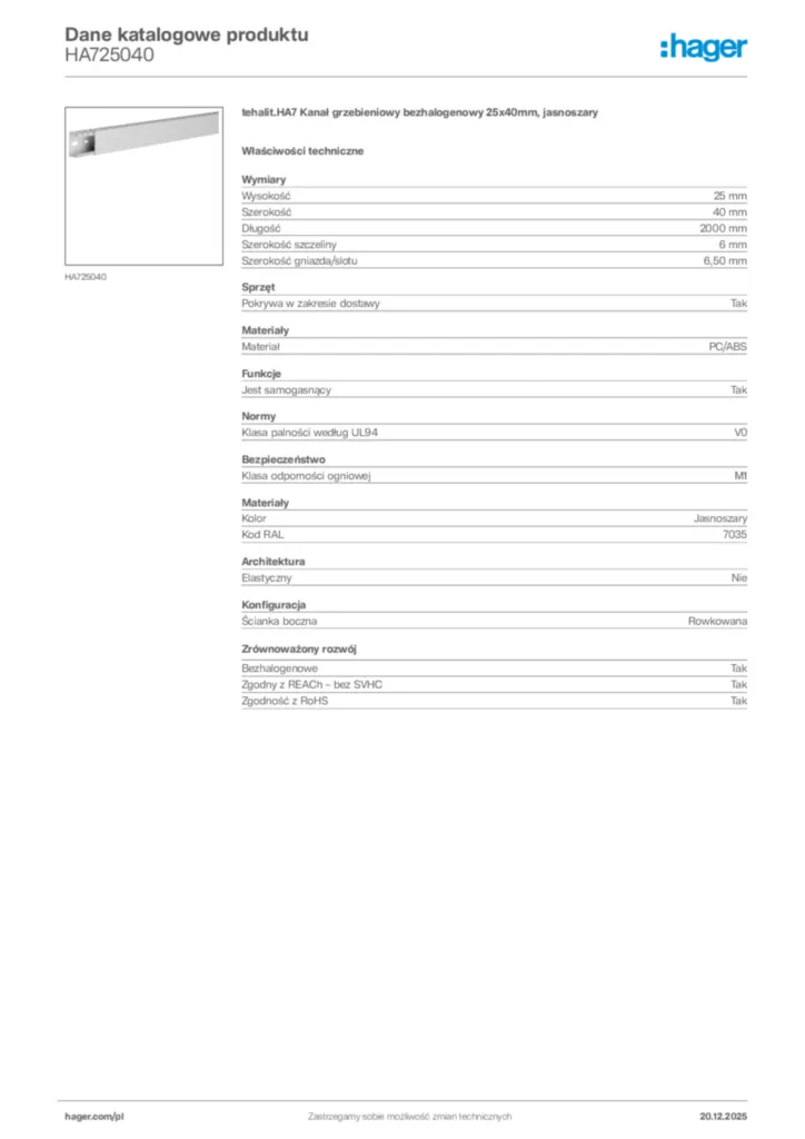 Zdjęcie Hager Karta katalogowa HA725040 | Hager Polska