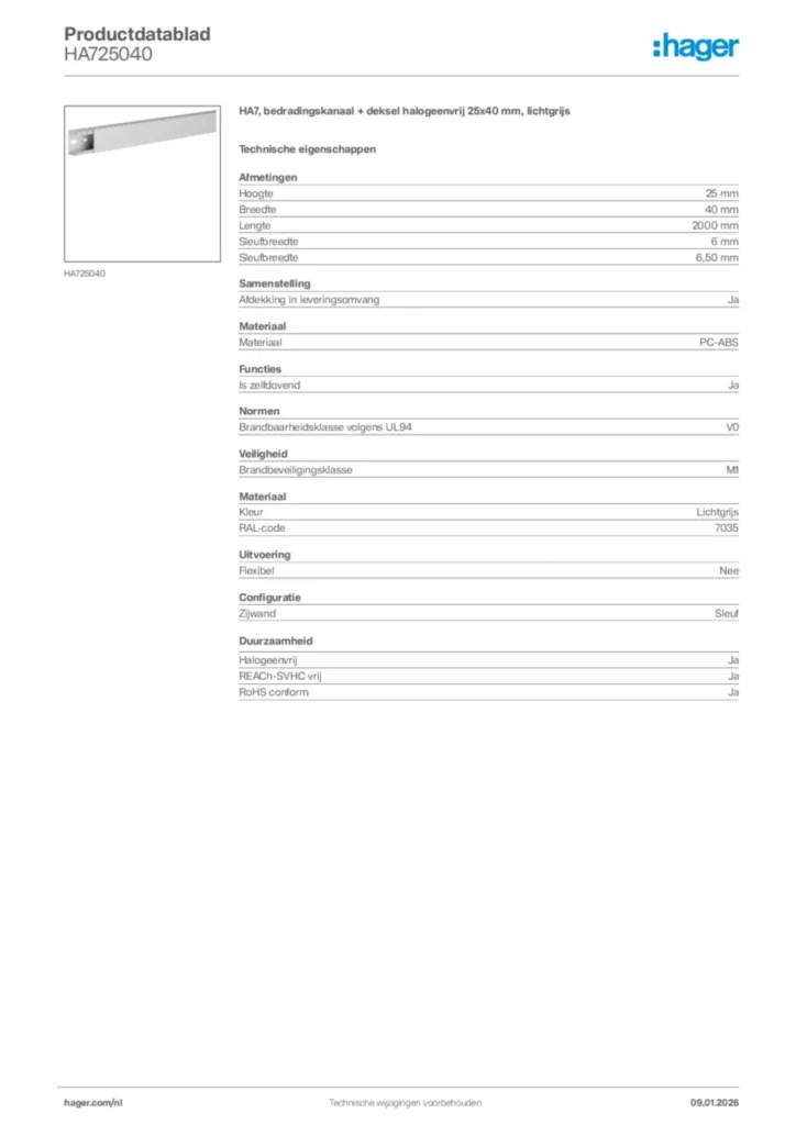 Afbeelding Hager Productdatablad HA725040 | Hager Nederland