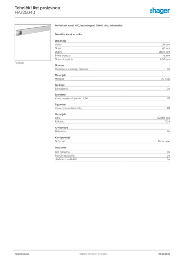 Slika Hager Tehnički list proizvoda HA725040  | Hager