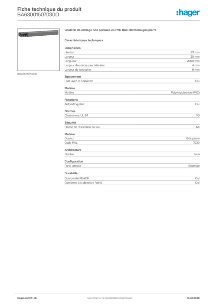Image Hager Fiche technique du produit BA63001507030O | Hager Suisse