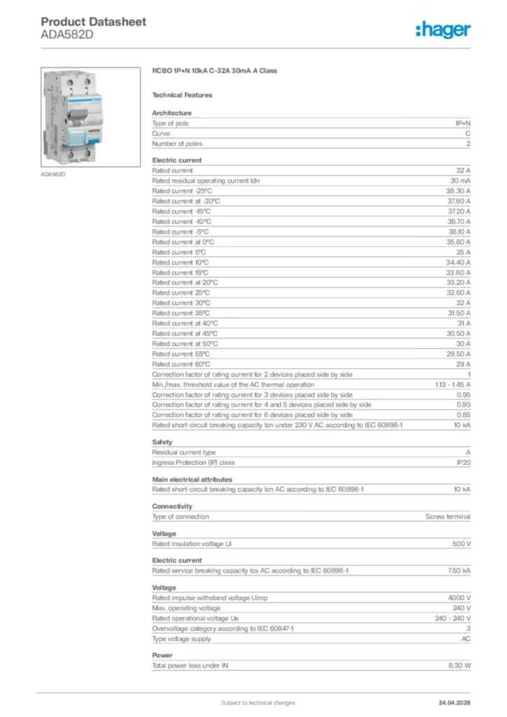 Image Hager Product data sheet ADA582D  | Hager Africa