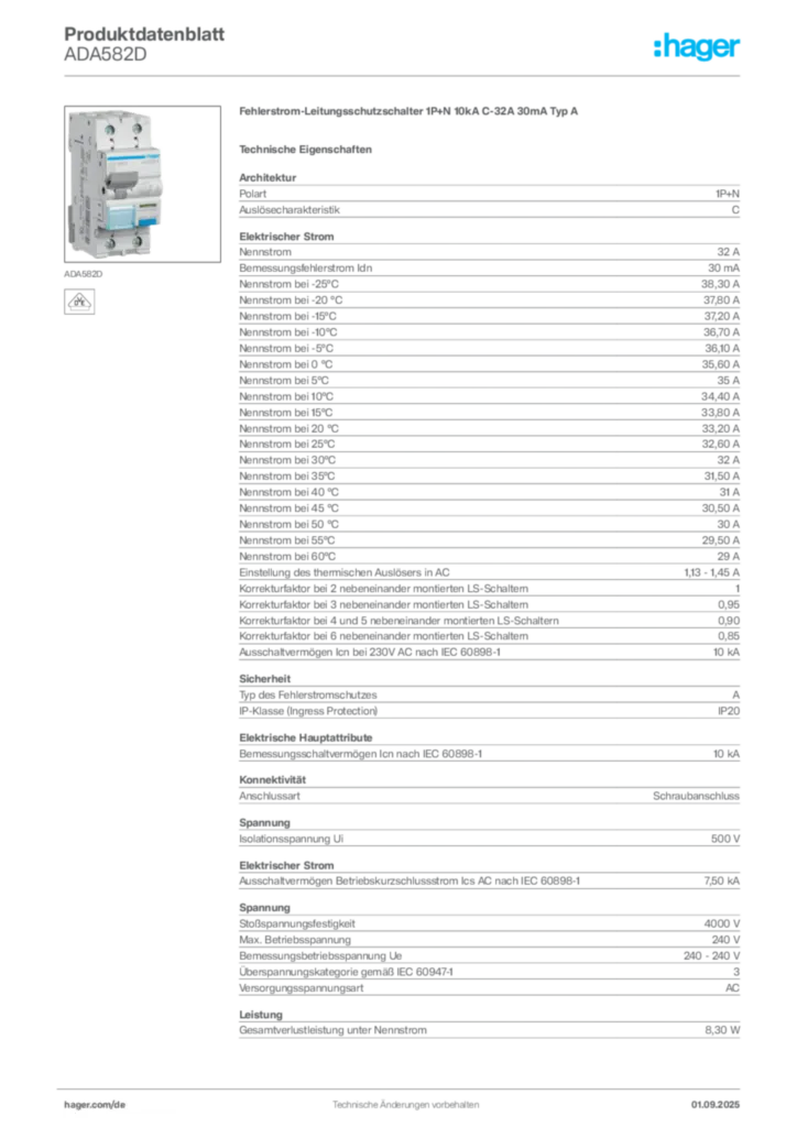 Hager Produktdatenblatt ADA582D