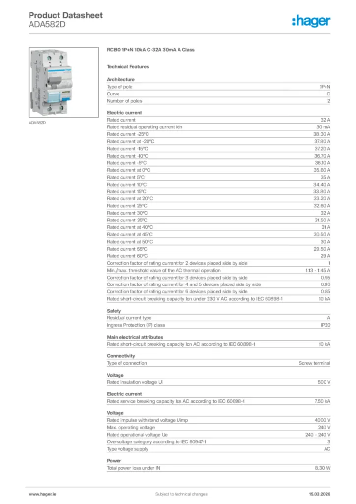 Image Hager Product data sheet ADA582D  | Hager