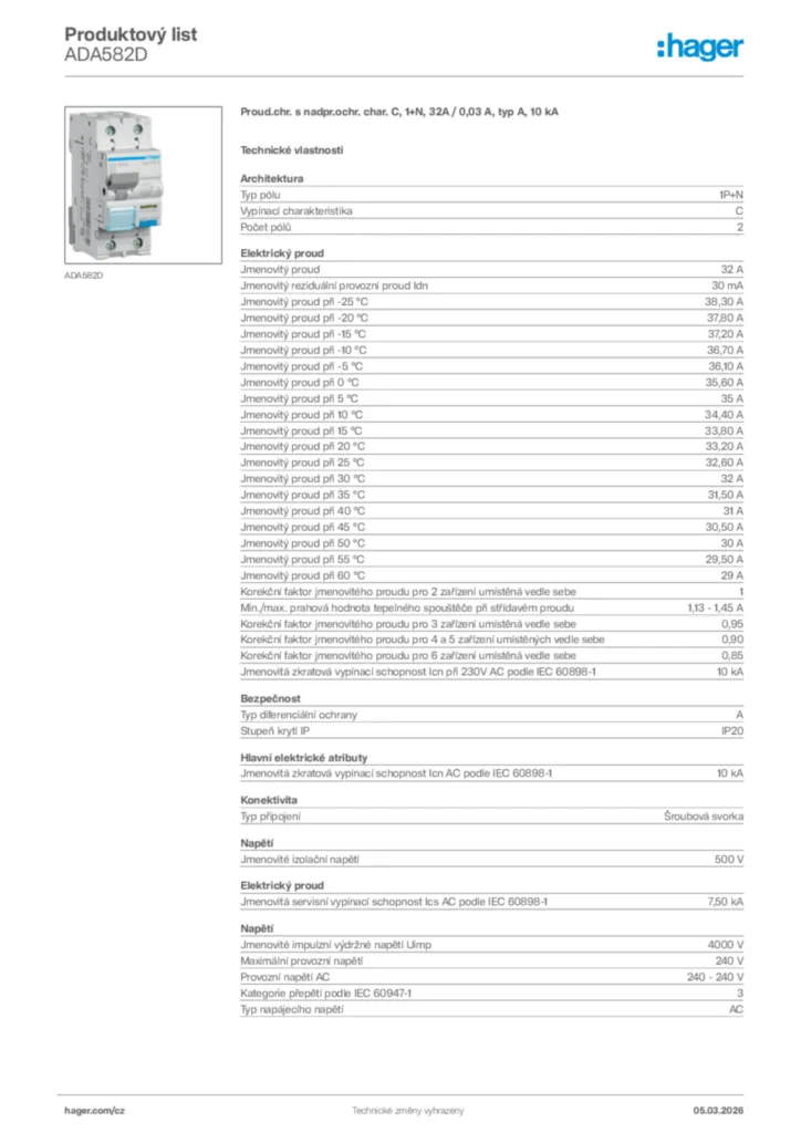 Obrázek Hager Product data sheet ADA582D | Hager