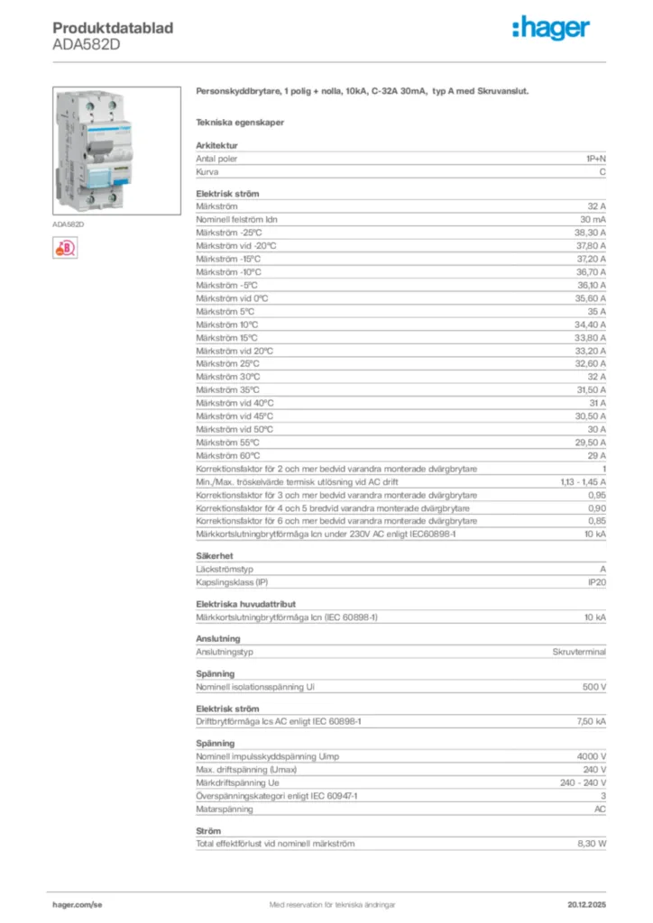Bild Hager Produktdatablad ADA582D | Hager Sverige