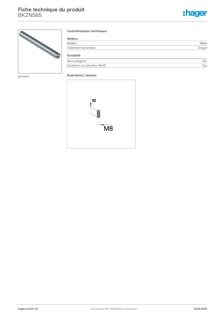 Image Hager Fiche technique du produit BKZNS65 | Hager Suisse