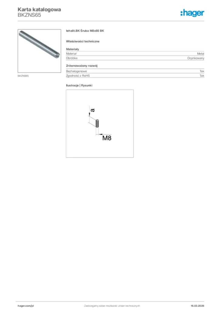 Zdjęcie Hager Karta katalogowa BKZNS65 | Hager Polska