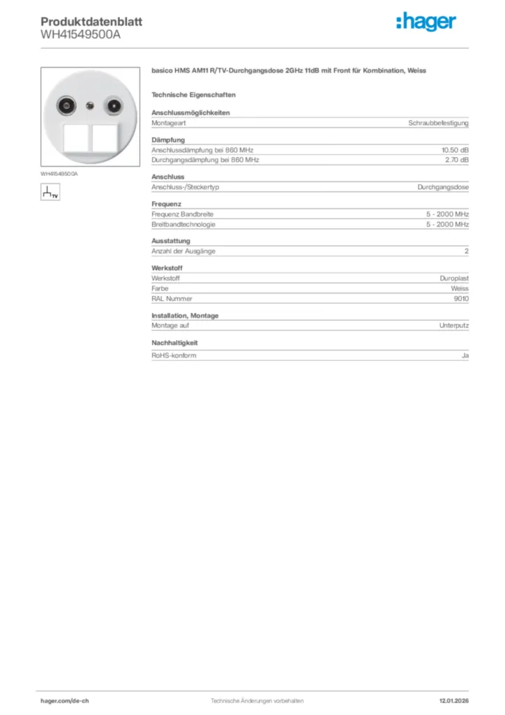 Bild Hager Produktdatenblatt WH41549500A | Hager Schweiz
