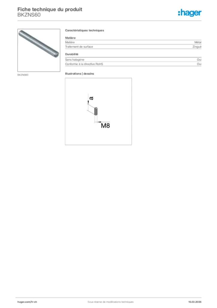 Image Hager Fiche technique du produit BKZNS60 | Hager Suisse