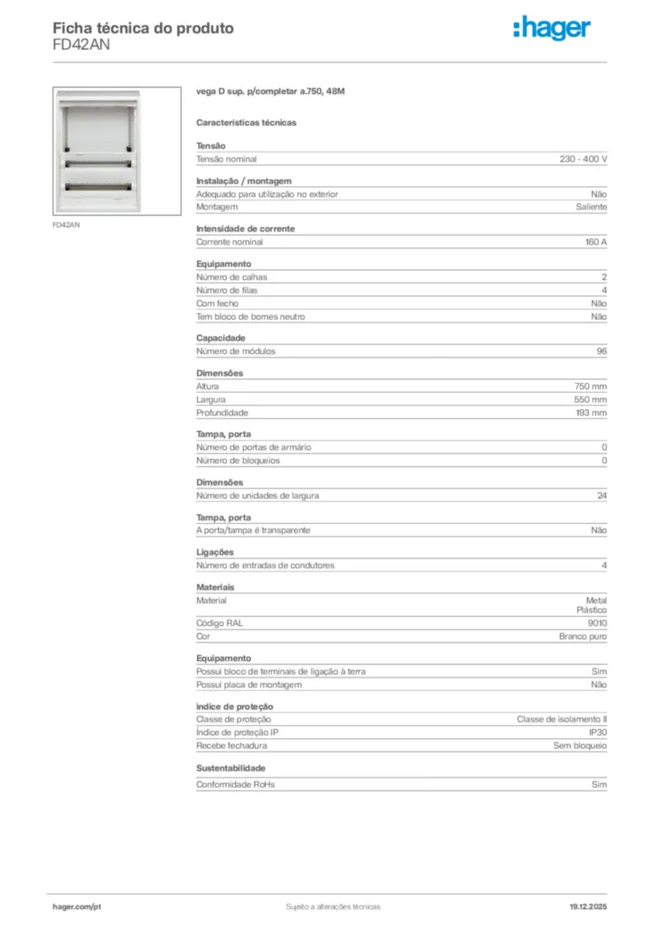 Imagem Hager Ficha técnica do produto FD42AN | Hager Portugal