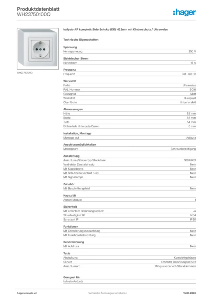 Bild Hager Produktdatenblatt WH23750100Q | Hager Schweiz