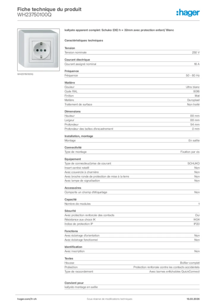 Image Hager Fiche technique du produit WH23750100Q | Hager Suisse