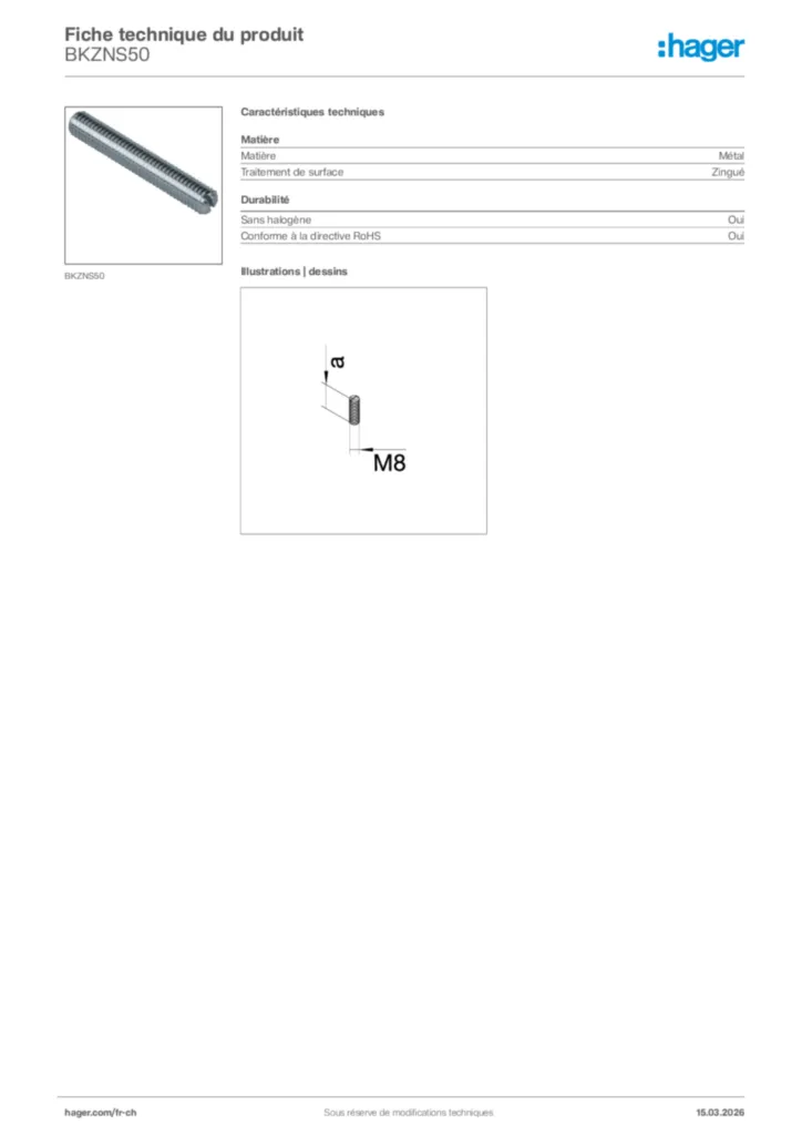 Image Hager Fiche technique du produit BKZNS50 | Hager Suisse