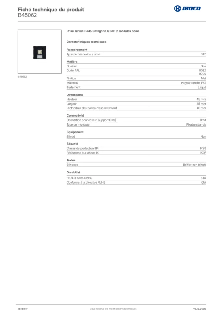 Image Iboco Fiche technique du produit B45062 | Hager France