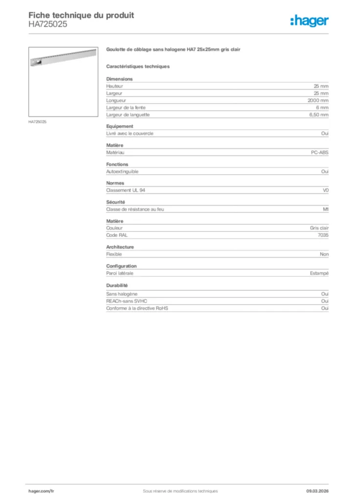 Image Hager Fiche technique du produit HA725025 | Hager France