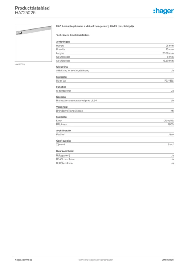 Afbeelding Hager Productdatablad HA725025 | Hager Belgium