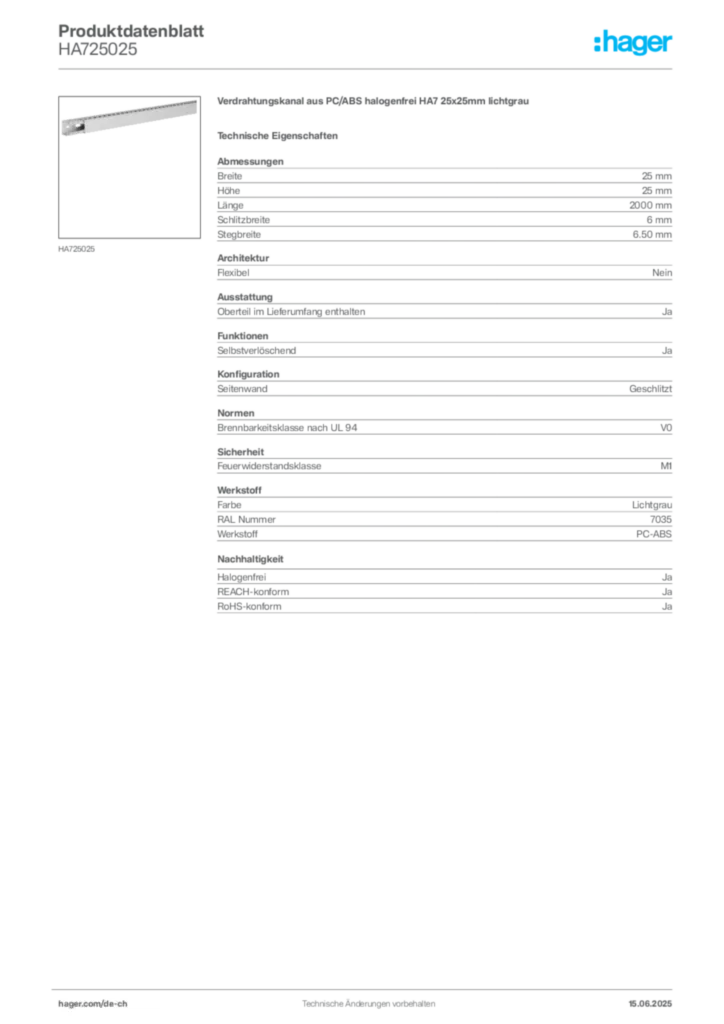 Bild Hager Produktdatenblatt HA725025 | Hager Schweiz