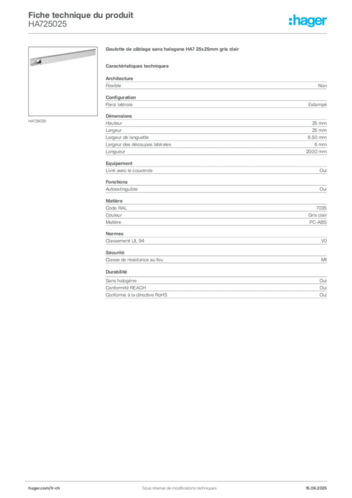 Image Hager Fiche technique du produit HA725025 | Hager Suisse
