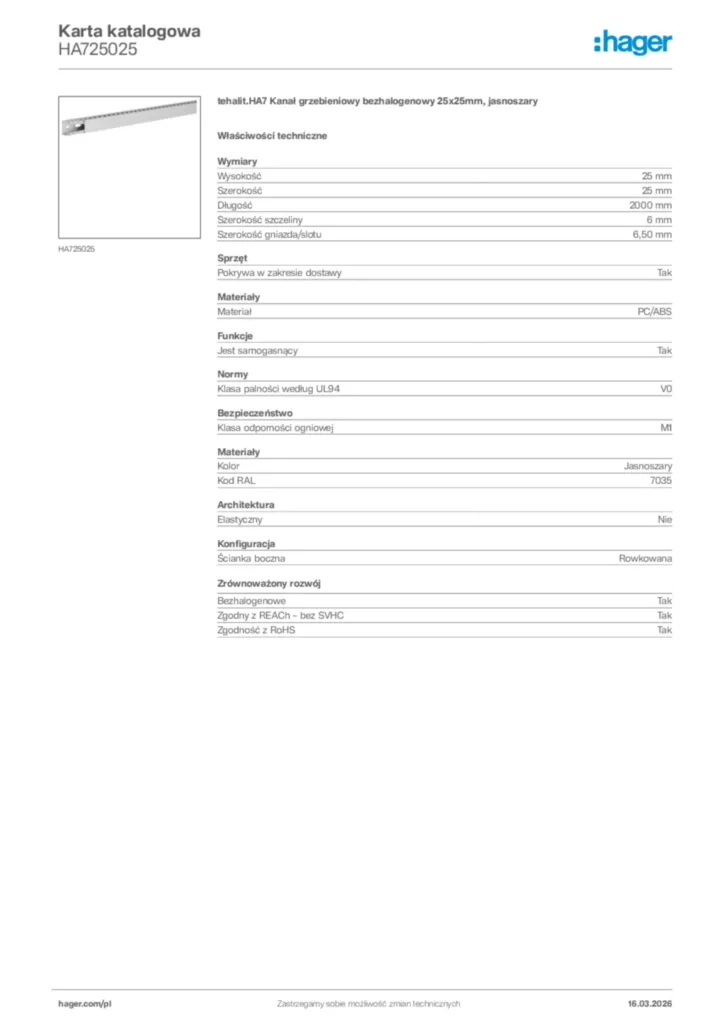 Zdjęcie Hager Karta katalogowa HA725025 | Hager Polska