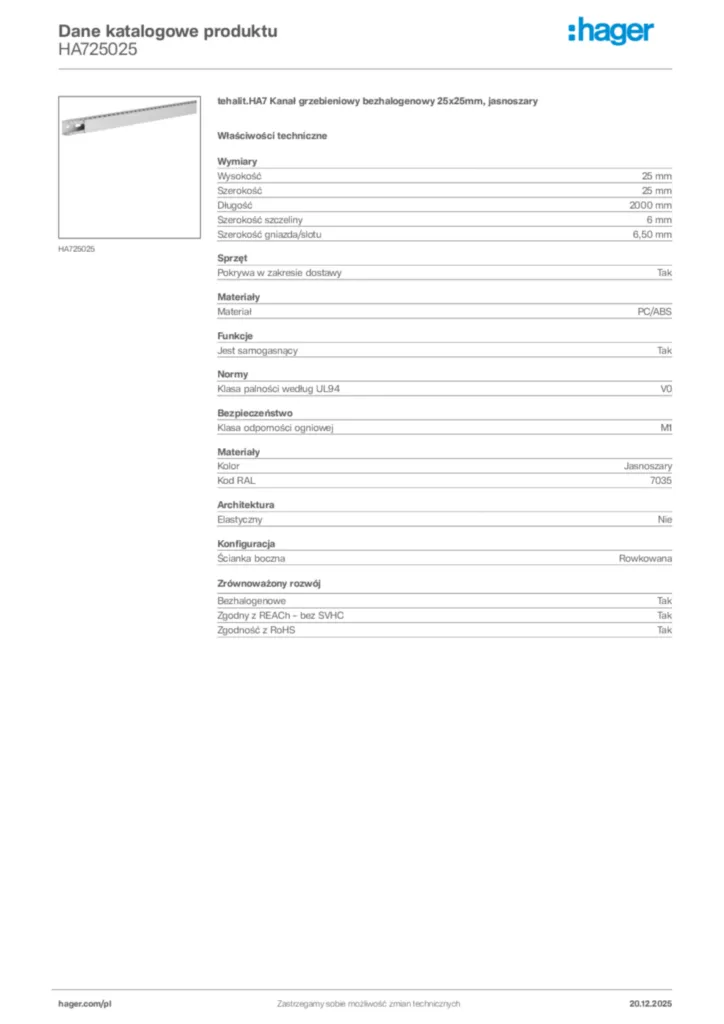 Zdjęcie Hager Karta katalogowa HA725025 | Hager Polska