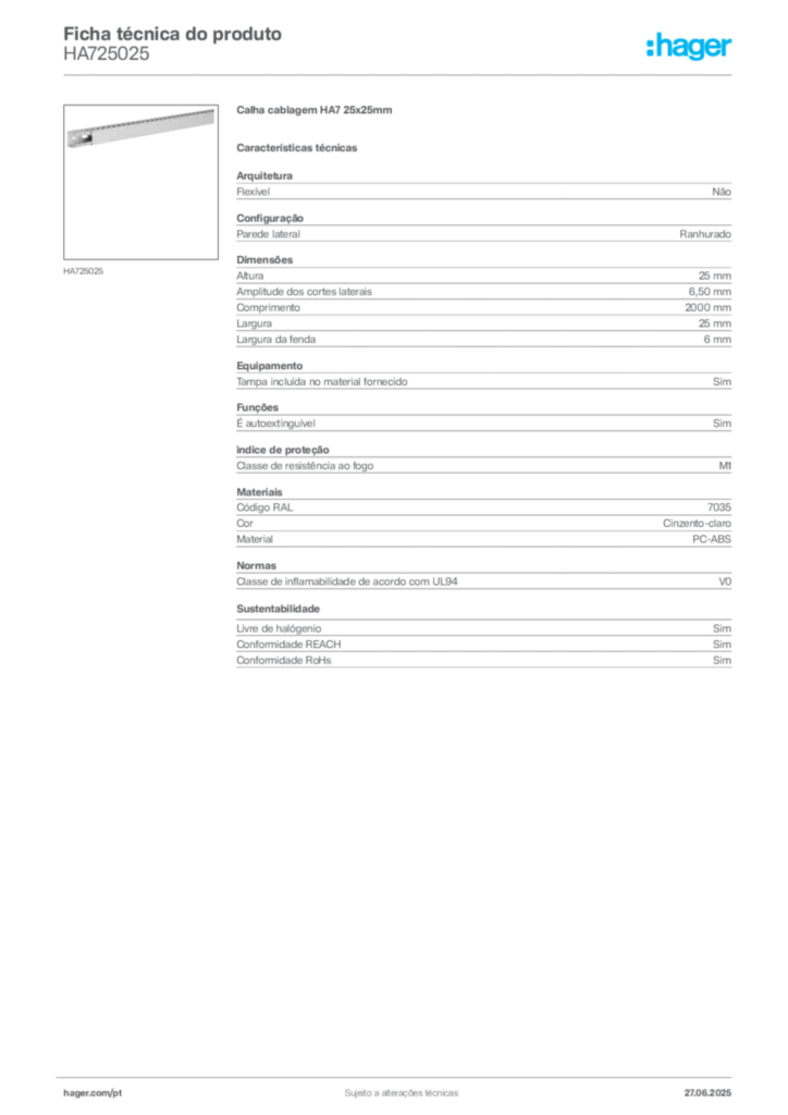 Imagem Hager Ficha técnica do produto HA725025 | Hager Portugal