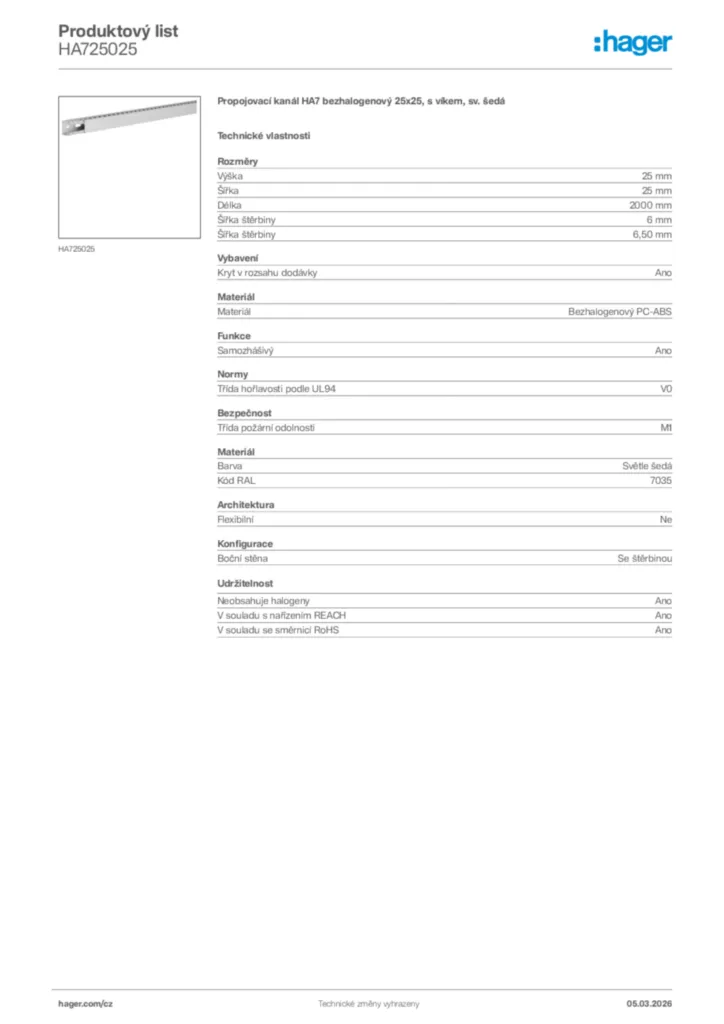 Obrázek Hager Product data sheet HA725025 | Hager