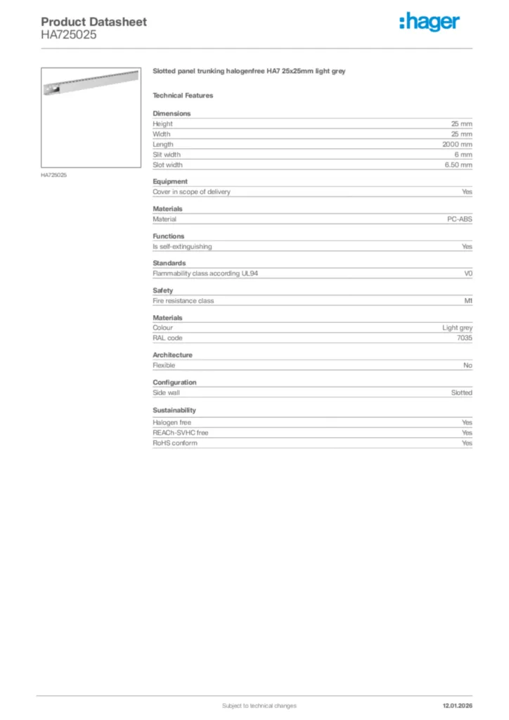 Image Hager Product data sheet HA725025  | Hager
