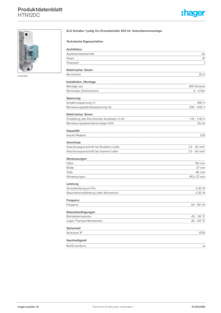 Bild Hager Produktdatenblatt HTN120C | Hager Schweiz