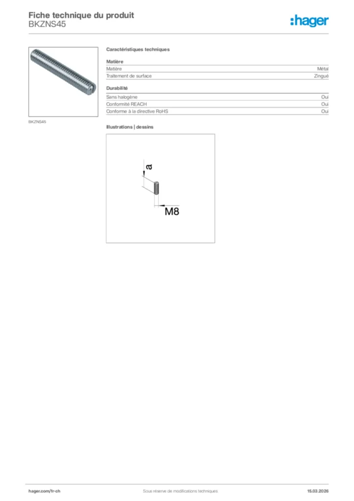 Image Hager Fiche technique du produit BKZNS45 | Hager Suisse