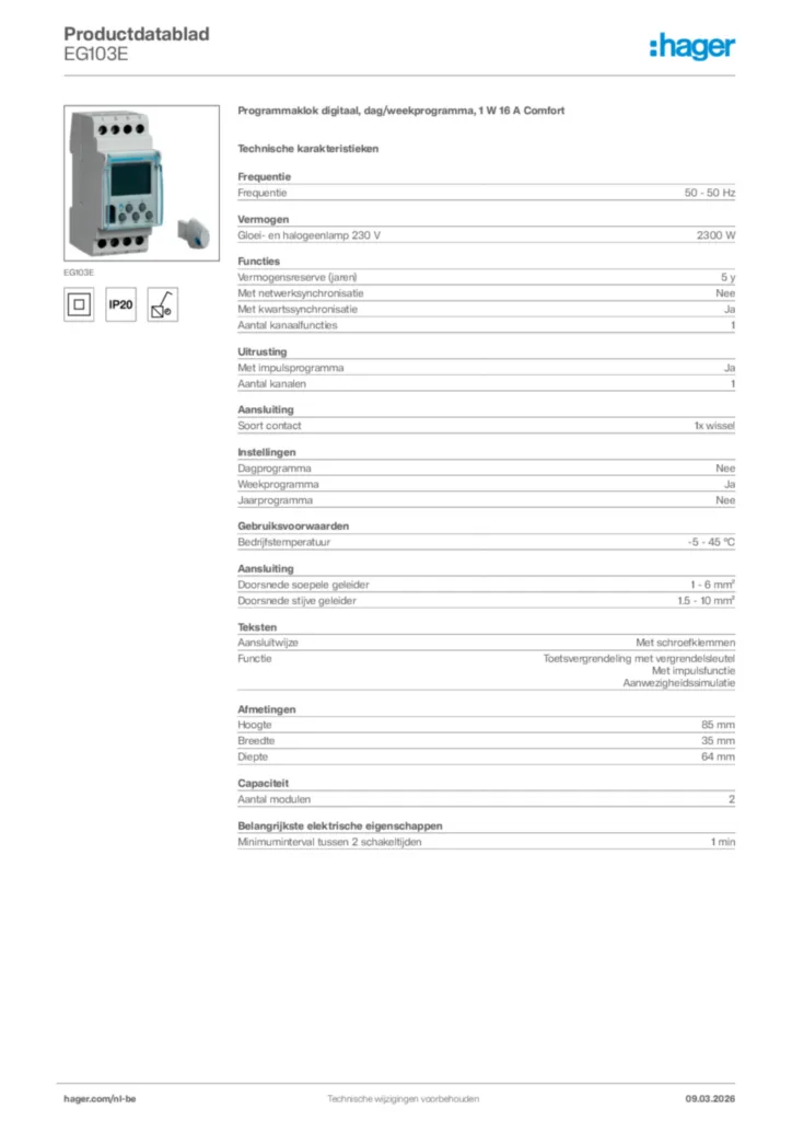 Afbeelding Hager Productdatablad EG103E | Hager Belgium
