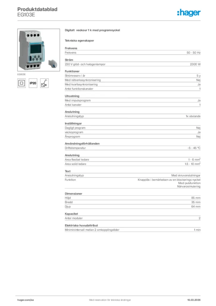 Bild Hager Produktdatablad EG103E | Hager Sverige