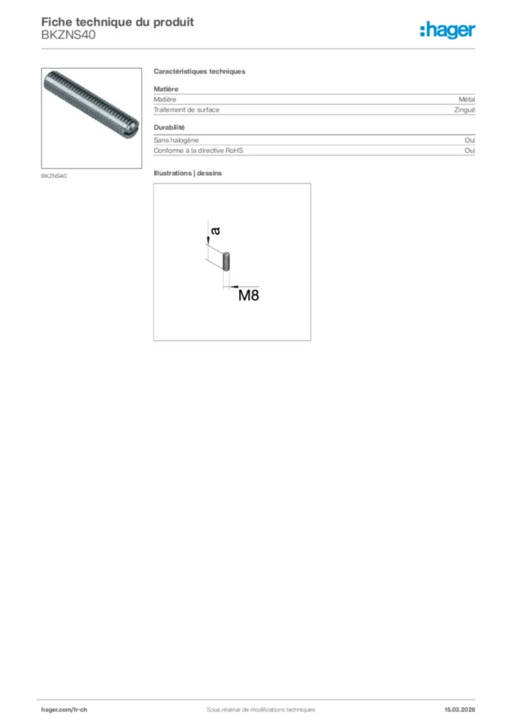 Image Hager Fiche technique du produit BKZNS40 | Hager Suisse