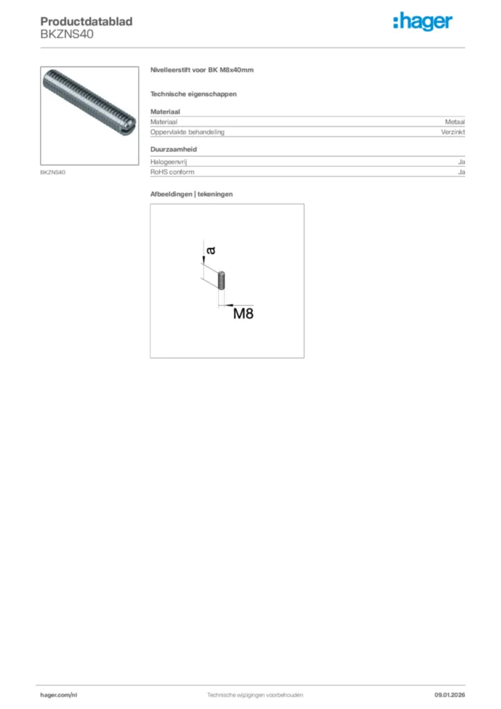 Afbeelding Hager Productdatablad BKZNS40 | Hager Nederland
