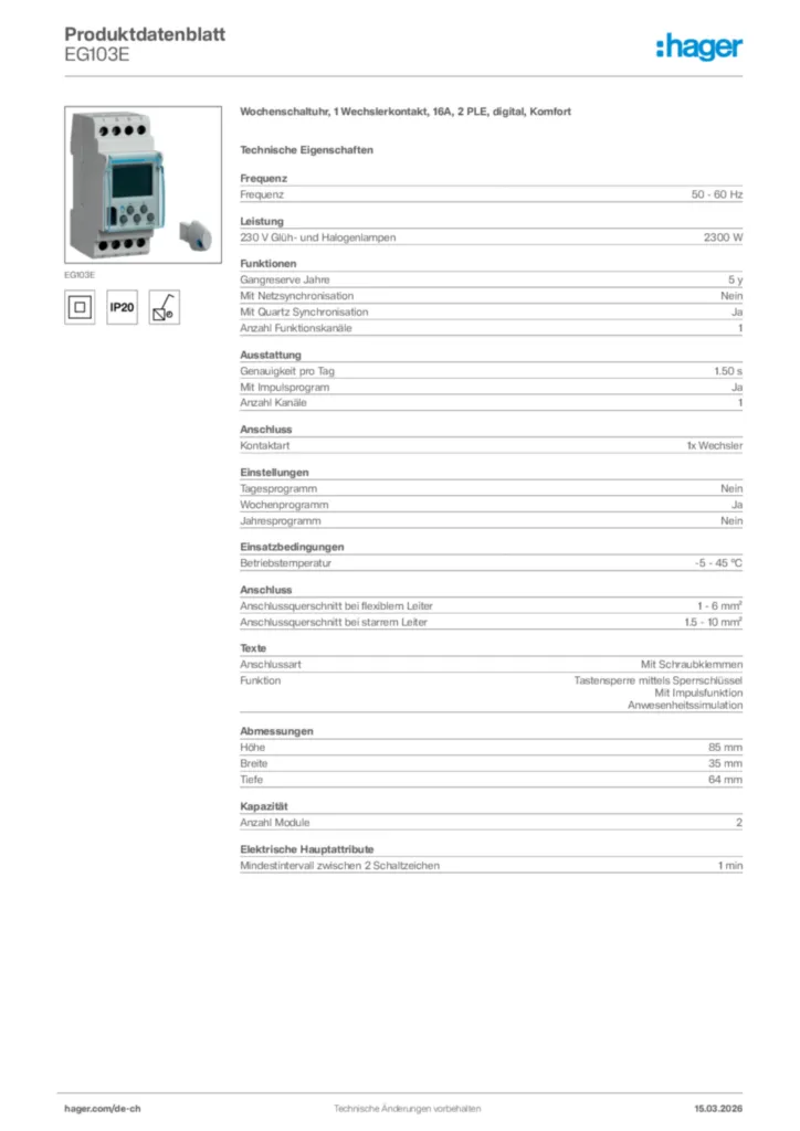 Bild Hager Produktdatenblatt EG103E | Hager Schweiz