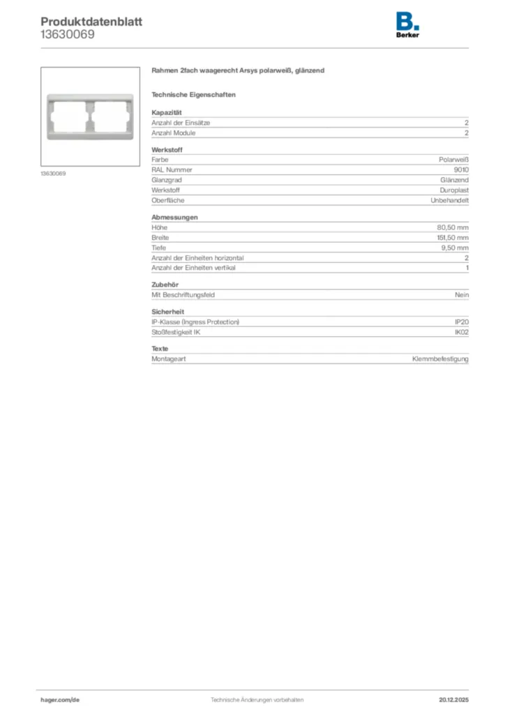 Bild Berker Produktdatenblatt 13630069 | Hager Deutschland