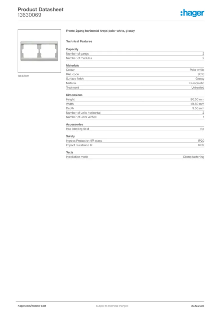 Image Hager Product data sheet 13630069  | Hager