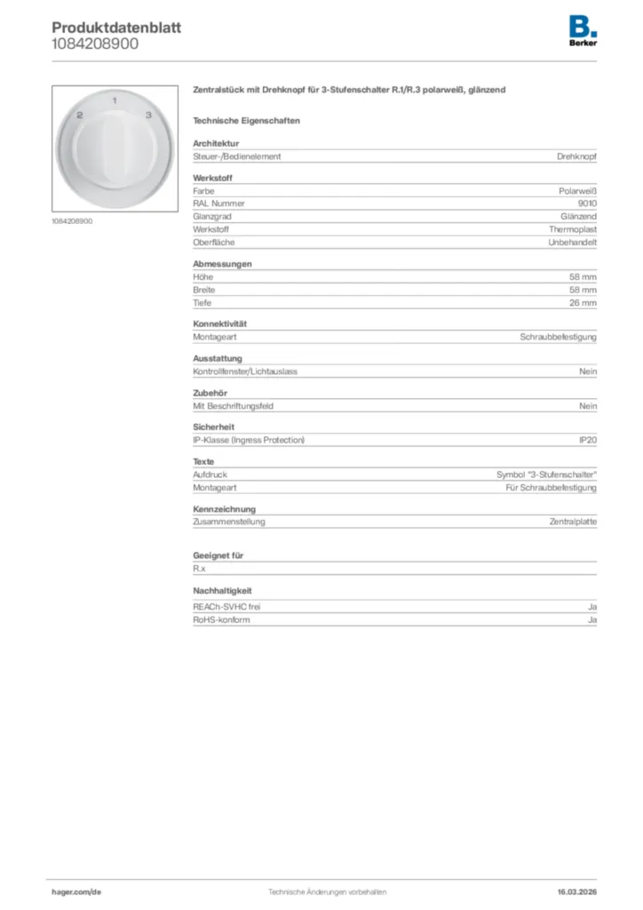 Bild Berker Produktdatenblatt 1084208900 | Hager Deutschland