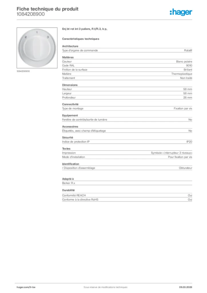 Image Hager Fiche technique du produit 1084208900 | Hager Belgique