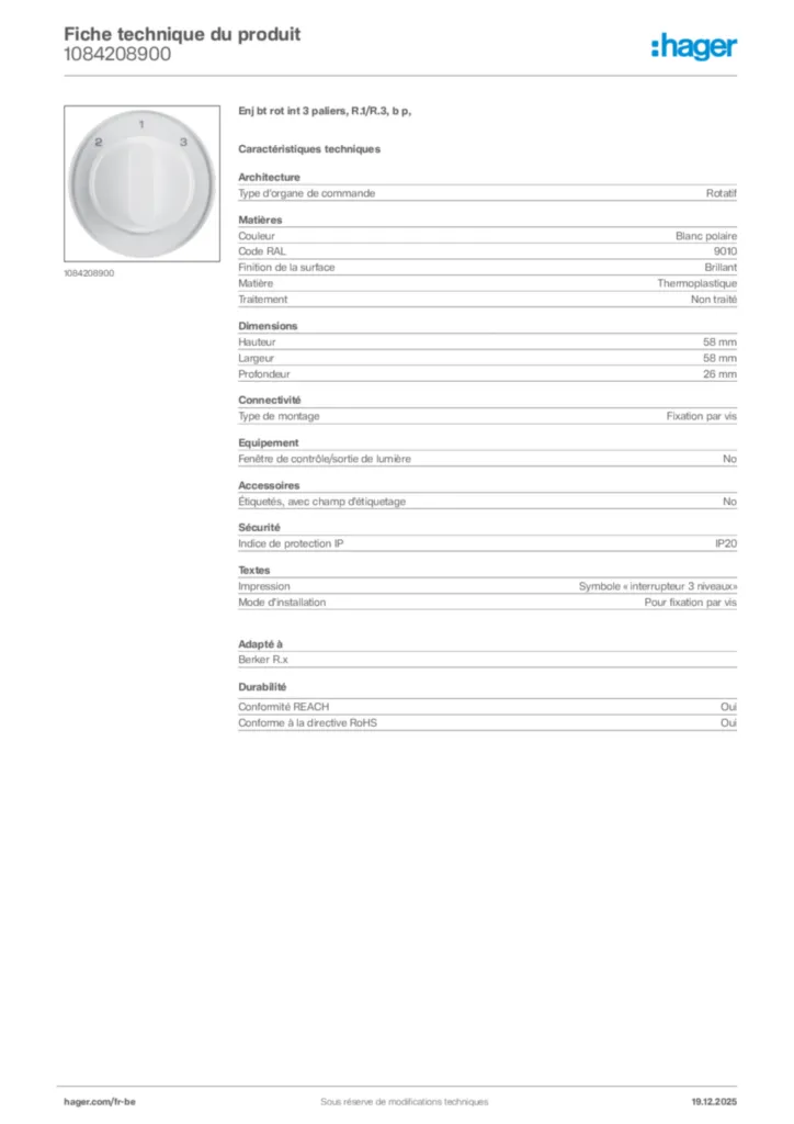 Image Hager Fiche technique du produit 1084208900 | Hager Belgique
