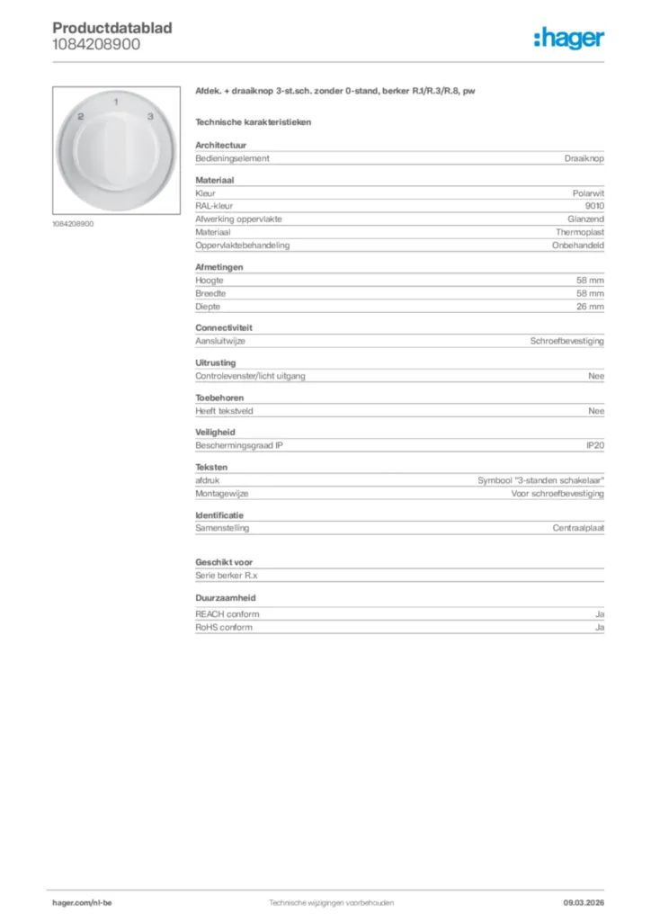 Afbeelding Hager Productdatablad 1084208900 | Hager Belgium