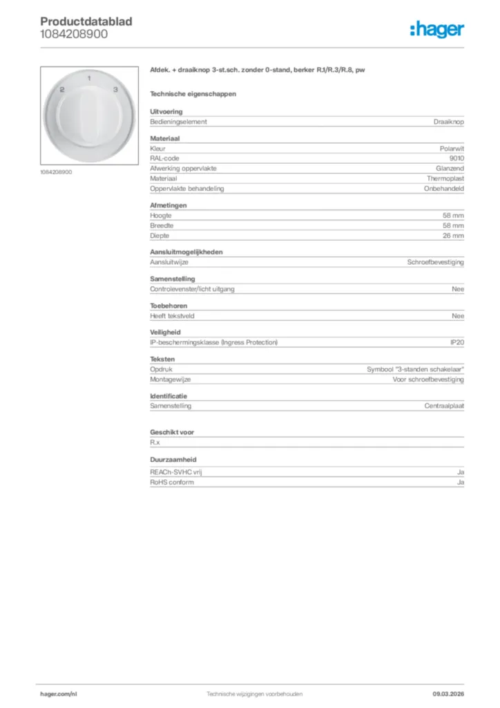 Afbeelding Hager Productdatablad 1084208900 | Hager Nederland