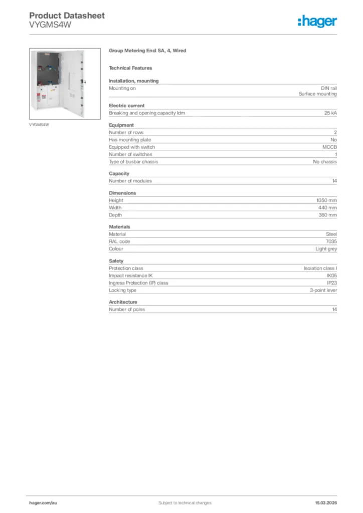 Image Hager Product data sheet VYGMS4W  | Hager Australia