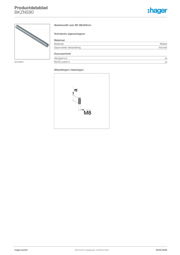 Afbeelding Hager Productdatablad BKZNS90 | Hager Nederland