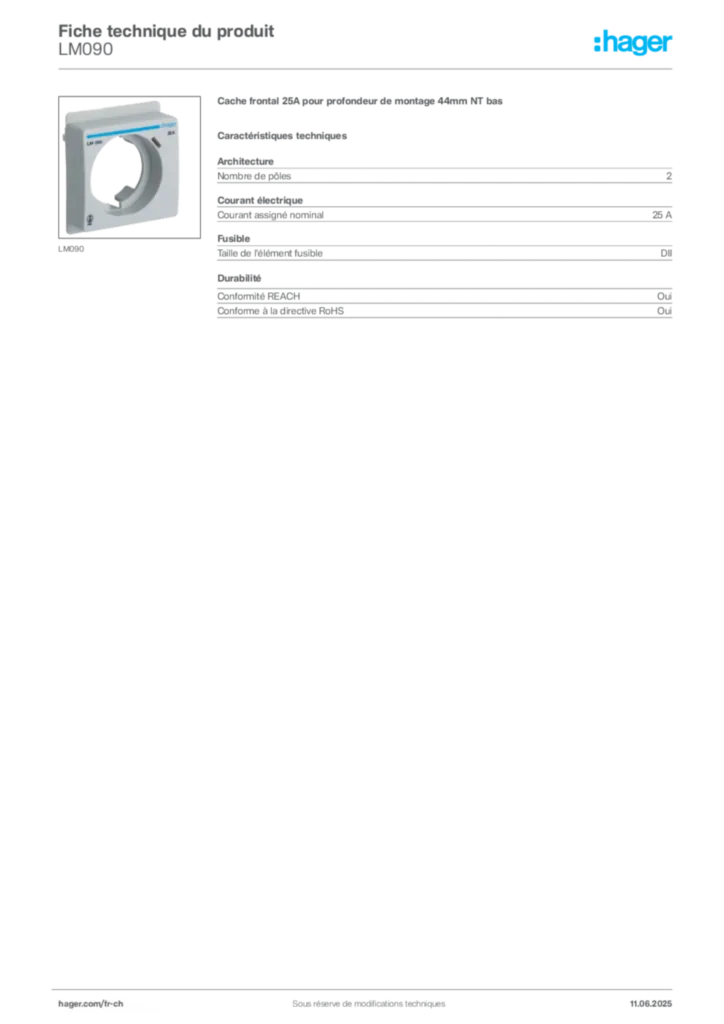 Image Hager Fiche technique du produit LM090 | Hager Suisse
