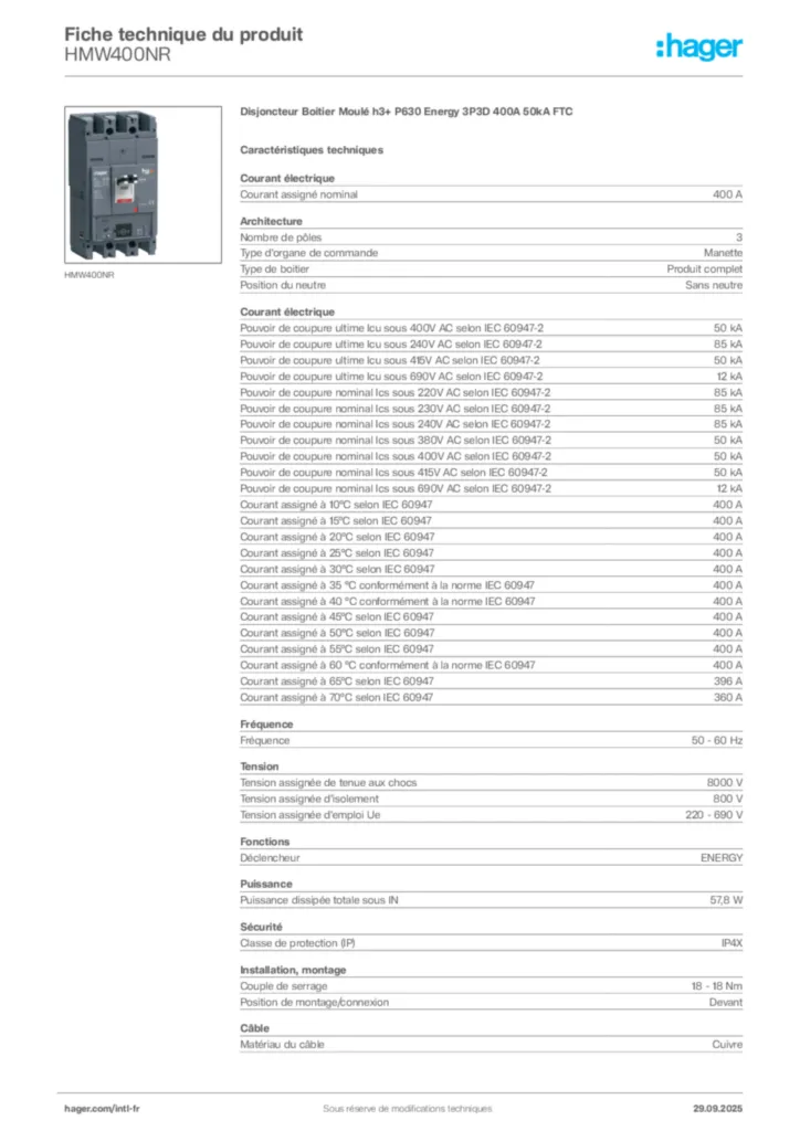 Image Hager Fiche technique du produit HMW400NR | Hager Afrique