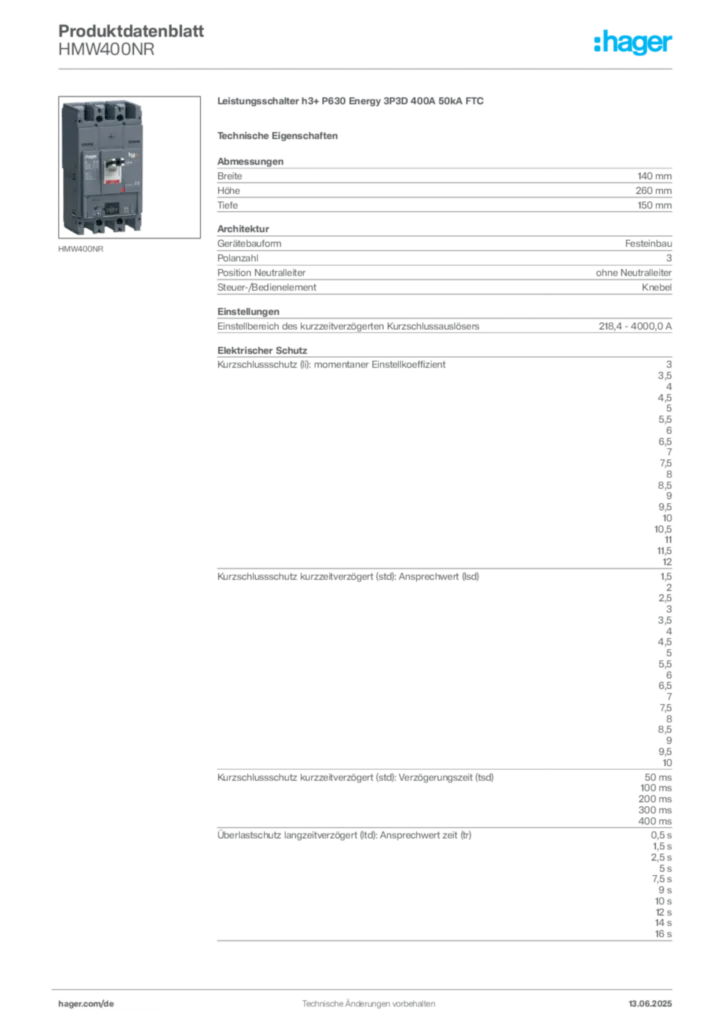Bild Hager Produktdatenblatt HMW400NR | Hager Deutschland