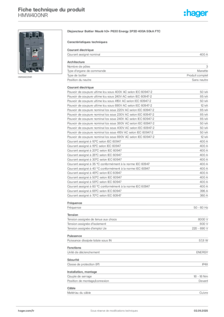 Image Hager Fiche technique du produit HMW400NR | Hager France